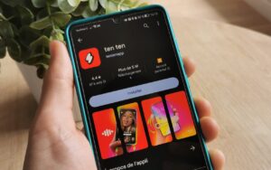 Smartphone Android sur le Play Store montrant la fiche de l'application Ten Ten - Juin 2024