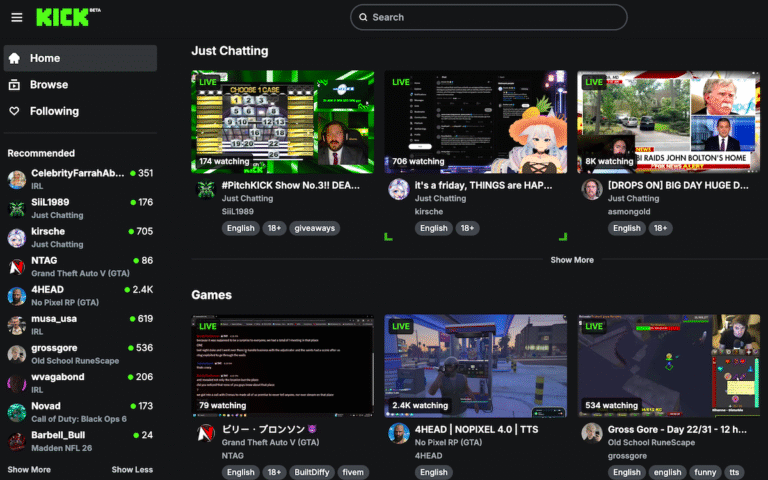 kick streaming page accueil le 22 août 2025 en France