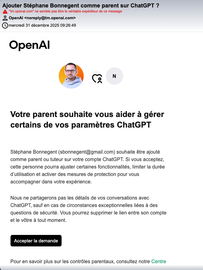 Email reçu lors de l'invitation au contrôle parental ChatGPT