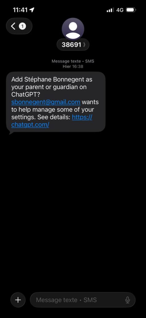 Invitation reçue par SMS pour le contrôle parental ChatGPT d'un compte d'enfant ou d'adolescent