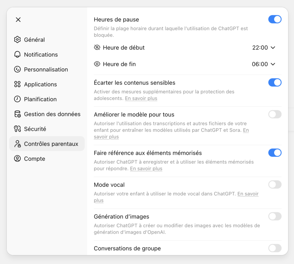 Menu des contrôles parentaux sur ChatGPT avec les réglages disponibles pour les parents
